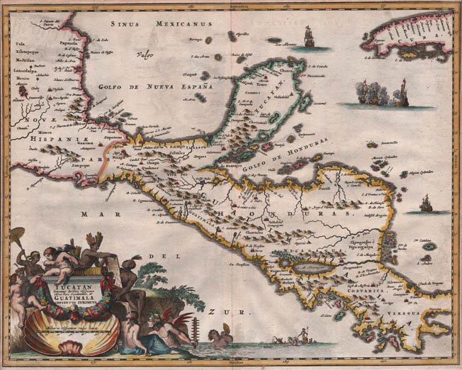 Antique map of Yucatan, Honduras, Guatemala by Montanus