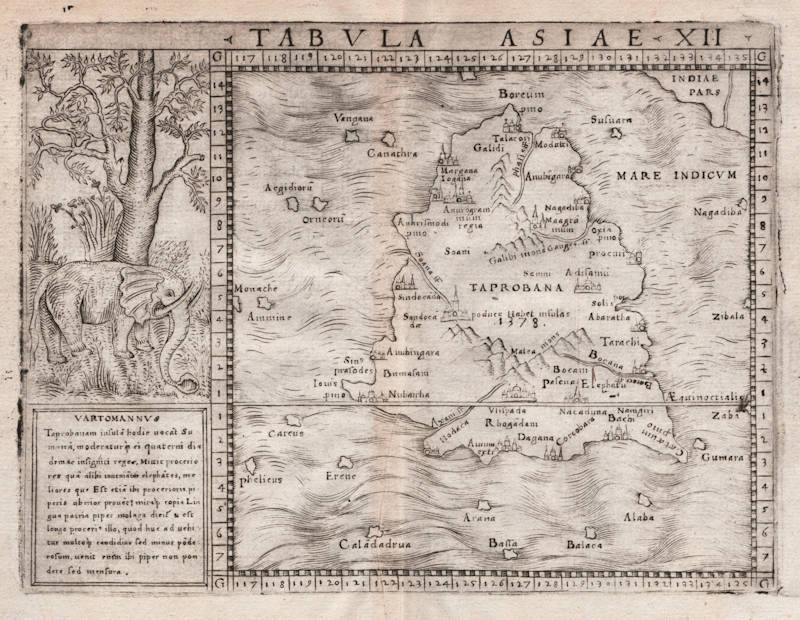 Antique map of Ceylon, Taprobana by Gastaldi after Ptolemy