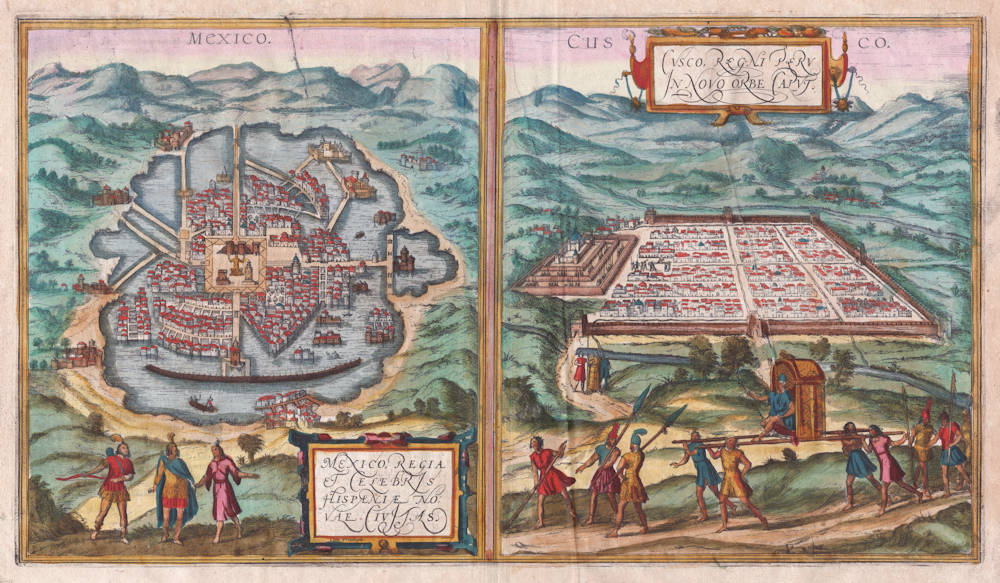 Antique map of Mexico and Cuzco by Braun and Hogenberg