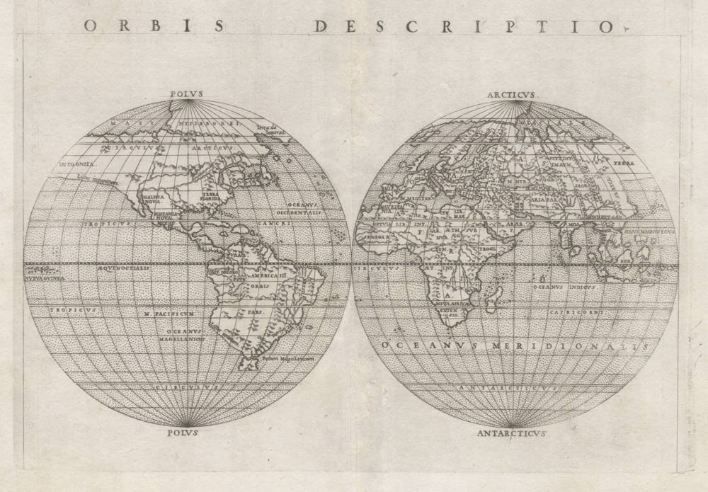 Antique map of the World in double hemispheres by Ruscelli