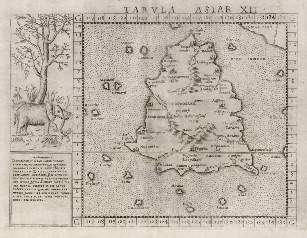 Antique map of Ceylon, Taprobana by Ruscelli after Ptolemy