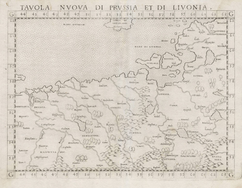 Antique map of Livonia, Lithuania, Prussia by Ruscelli / Gastaldi