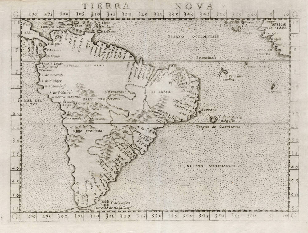 Antique map of South America by Ruscelli