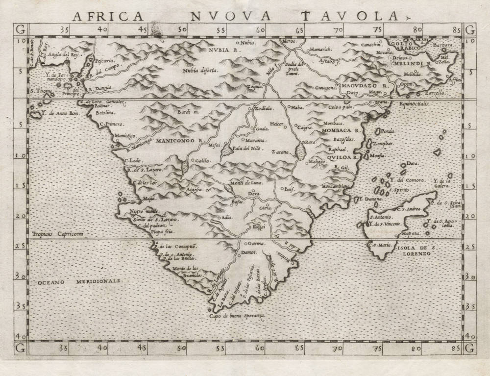 Antique map of Southern Africa by Ruscelli / Gastaldi