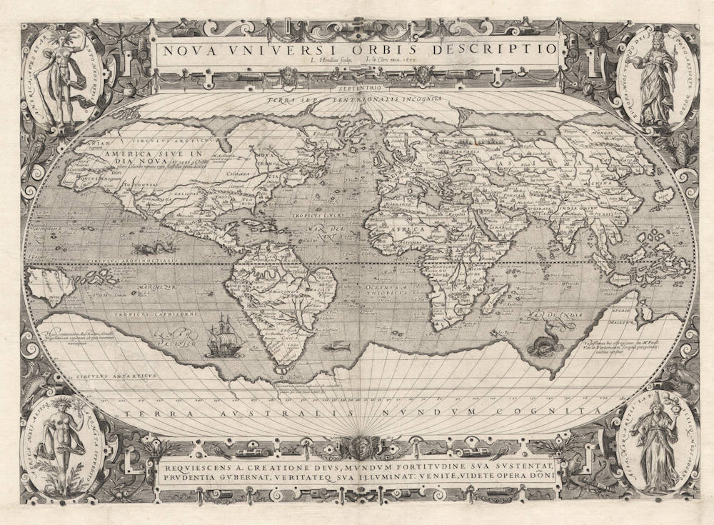Antique map of the World in Oval Projection by Jodocus Hondius I