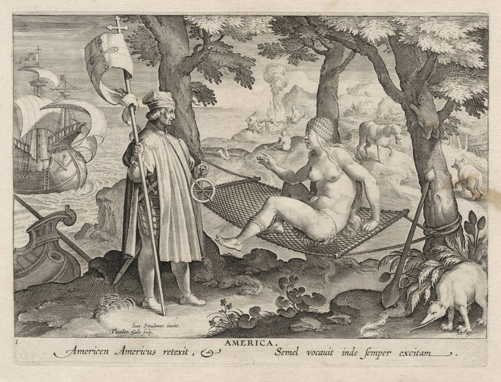 Old Master Print of the discovery of America, by Johannes Stradanus