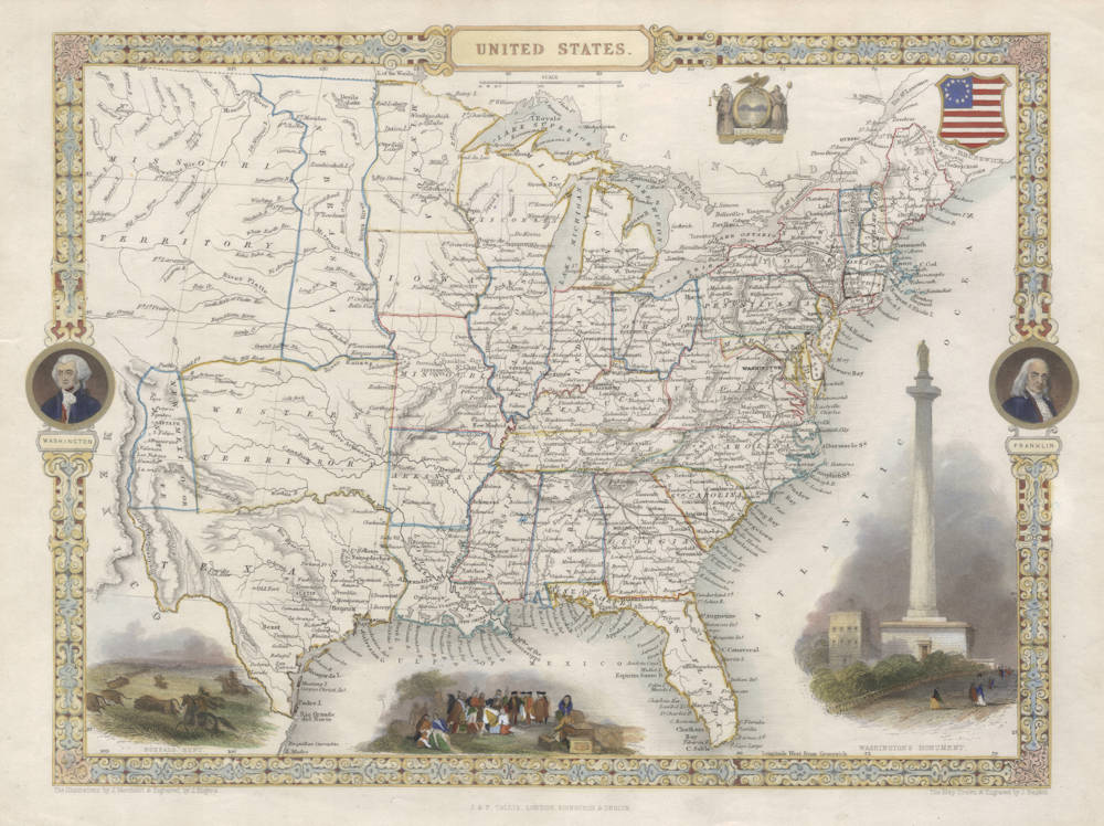 Antique map of United States by Tallis