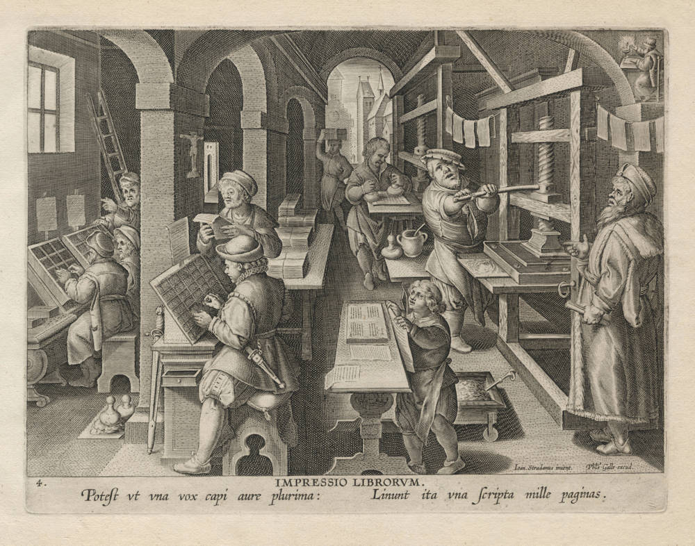 Old Master Print of the Invention of Book Printing by Johannes Stradanus