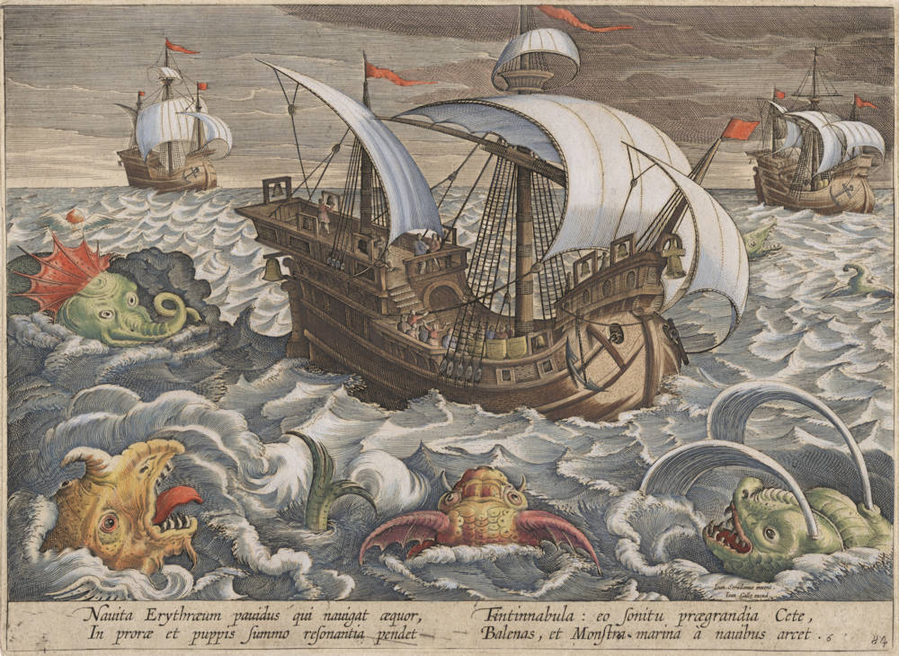 Old Master Print of the exploration and navigation of the Indian Ocean, by Johannes Stradanus