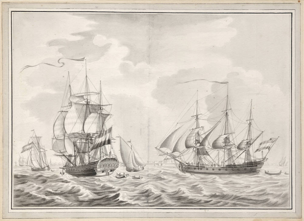 Master drawing of VOC East Indiaman 't Slot ter Hooghe before Flushing roads