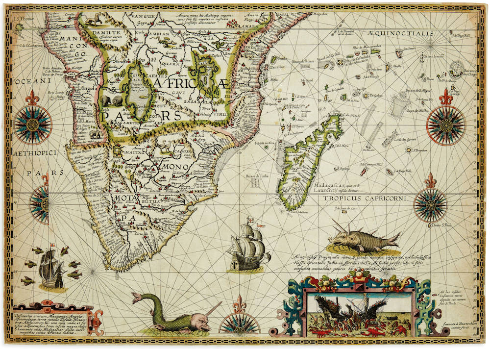 Petrus Plancius’ illustrious Africa and Indian Ocean Map in original colour