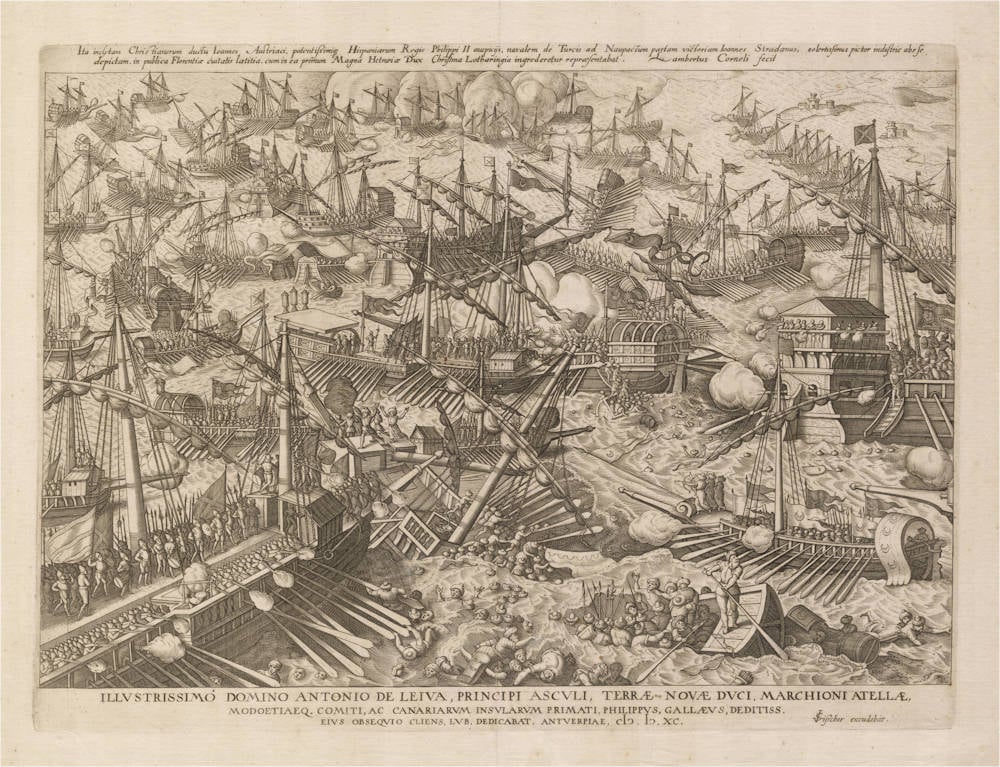 Antique map of the battle of Lepanto by Stradanus