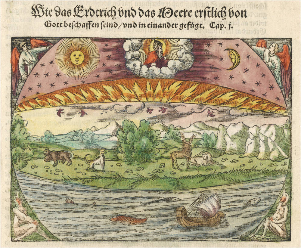 Old master print of Genesis - the creation of the world by Sebastian Munster