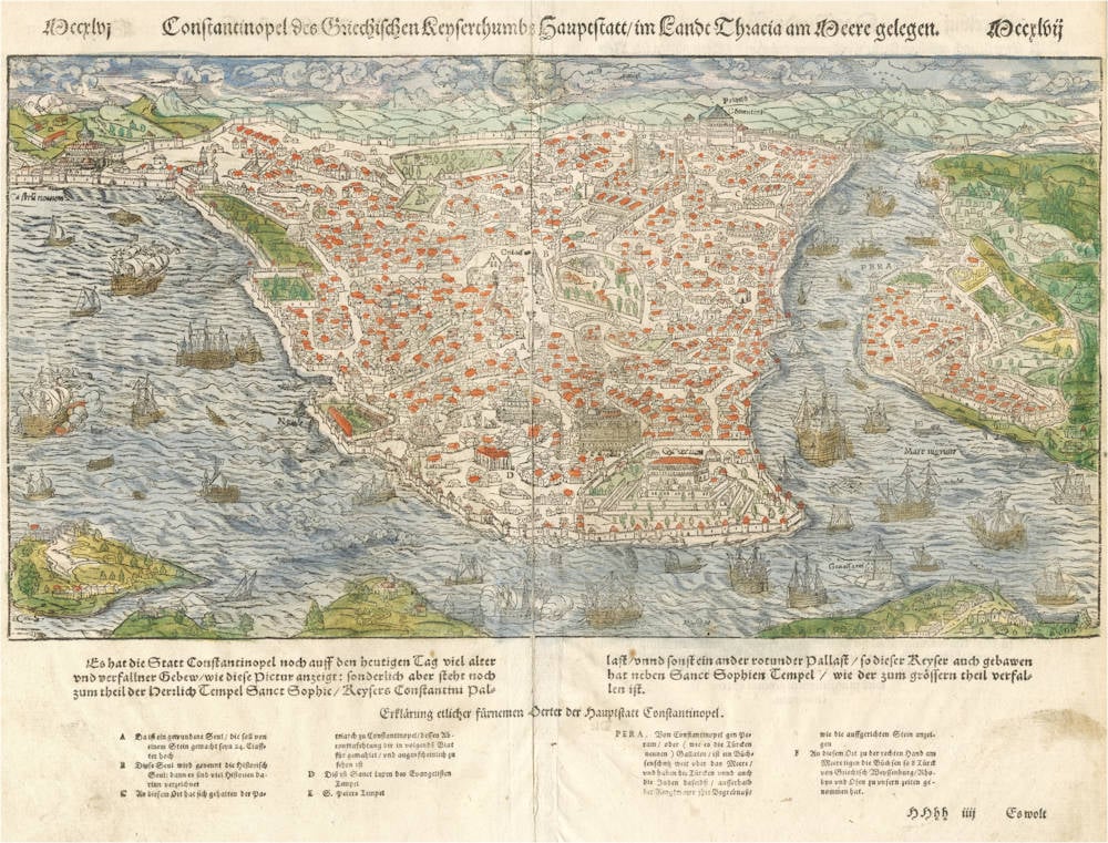 Antique map and view of Istanbul / Constantinopel / Byzantium by Münster