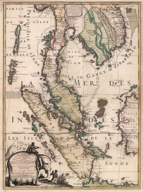 Antique map of Siam (Thailand), Malaysia, Singapore, Sumatra, Indochina by Coronelli and Nolin