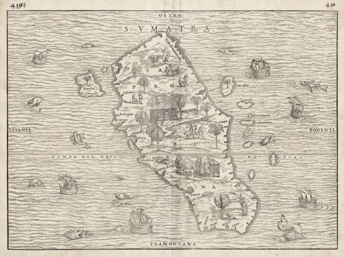 Antique map of Sumatra by Ramusio / Gastaldi