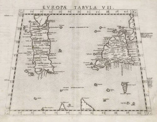 Antique map of Sicily, Sardinia and Malta by Ruscelli / Gastaldi / Ptolemy