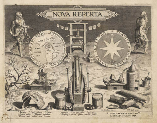 Antique map of Nova Reperta title plate by Stradanus